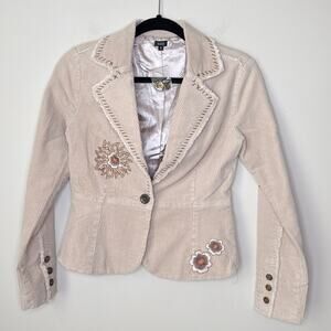 NEW NWT Aziz Small Embroidered Corduroy‎ Bohemian Jacket Blazer Tan Floral
